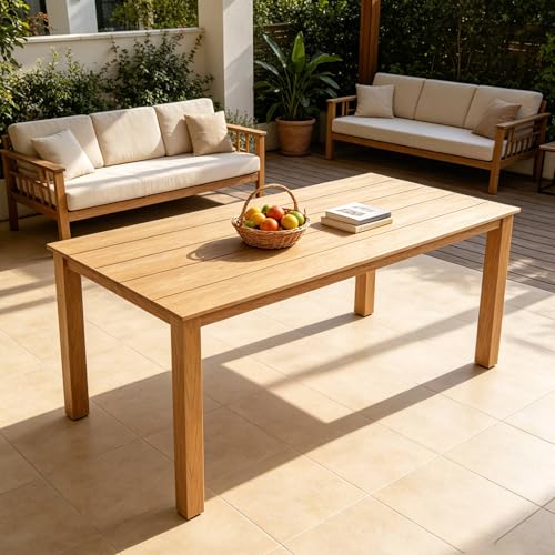 GDFStudio 68.9" Outdoor Dining Table with Umbrella Hole, HIPS Patio Dining Table for Backyard, Deck, Garden and Outdoor Dining, Wood-Look Rectangular Table, Teak