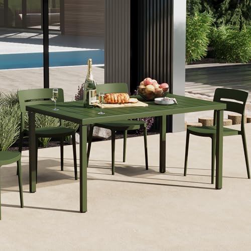 Costaelm Outdoor Dining Table for 6, Rectangular Metal Patio Table, 6-Person Weather Resistant Steel Slat Table for Lawn Garden Backyard, Olive Green