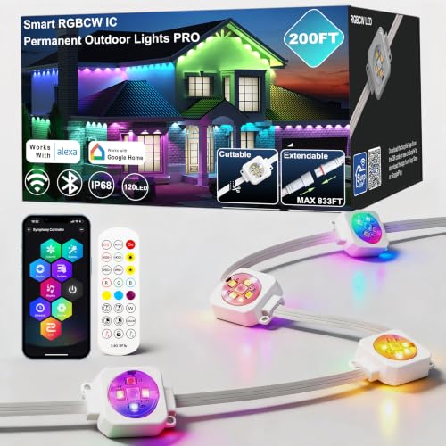 200ft Permanent Outdoor Lights Pro, 120 RGBCW+IC LED String Light Cuttable