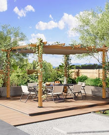 10 x 13 Ft Retractable Canopy Pergola, Aluminum Faux Wood Grain Patio Gazebo for Backyard, Deck, Porch, Weather-Resistant & Easy Assembly