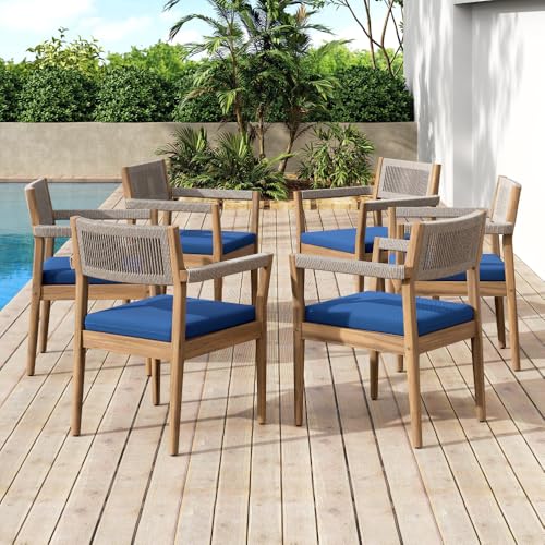 callmego Natural Acacia Wood Outdoor Dining Chairs – Rustic Teak-Look Patio Seating with Woven Rope Accents and Weather-Resistant Cushions (Navy + Teak+ Beige + Acacia Wood + Fabric + Rope-1)