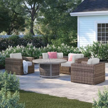 Hassyee 6 Pieces Wicker Sofa Set with Round Fire Pit and Washable Cushions for Lawn, Poolside, Outdoor Furniture Set with Side Table & Cup Holder for Backyard, Balcony
