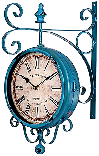 saditesdk Wall Clock, Blue Double Sided Station Clock Outdoor Garden Clock Weatherproof Outdoor, 360 ° Rotation Wrought Iron Retro Wall Clock Decoration Outdoor Garden Clocks for Indoor Outdoor，B