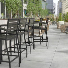 BizChair Commercial Grade Bar Height Stool with Arms, All-Weather Outdoor Bar Stool with Faux Wood Poly Resin Slats and Aluminum Frame, Gray Wash