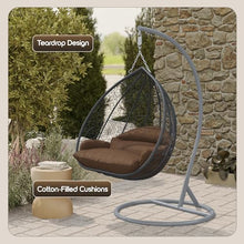 LeisureMod Hanging Egg Chair with Stand for Indoor Outdoor Wicker Patio Swing Chair Open Weave Basket Design with Cushion Metal Frame for Patio Garden Balcony (Grey Frame Brown Cushion)
