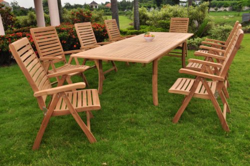 TeakStation 8 Seater Grade-A Teak Wood 9pc Dining Set: Large 117" Double Extension Rectangle Table and 8 Ashley Reclining Arm Chairs #TSDSAS8