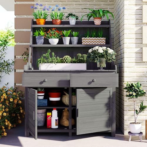 Christopher Knight Home Belfast 65"H Outdoor Potting Bench Table, Fir Wood Potting Table, Large Gardening Workstation with Storage Shelf, Garden Tools Shelf with Drawer and Cabinet for Backyard, Gray