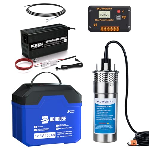 ECO-WORTHY 12V Stainless Steel Deep Well Pump Submersible Pump Kit with 12V 100Ah Lithium Battery, 20A Battery Charger, 20A Charge Controller for Well, Farm & Ranch Irrigation,Water Tank,Industrial