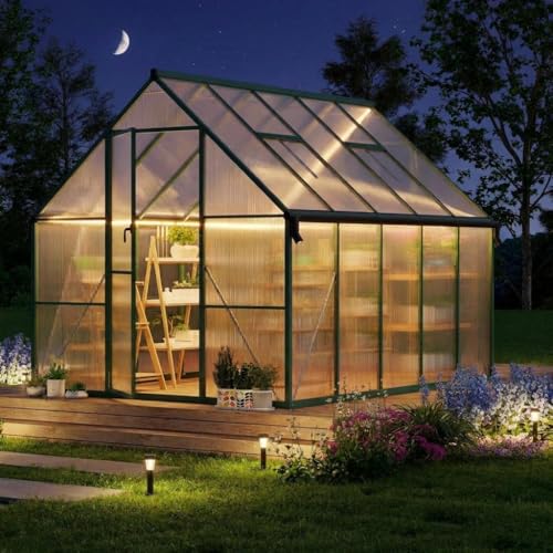 CABIHOME 8x10 ft Outdoor Greenhouse Kit, Heavy Duty Polycarbonate Greenhouse with Reinforced Aluminum Frame, Adjustable Roof Vent, Lockable Door & Quick-Connect System for All Seasons