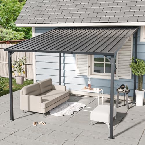 10x10 FT Wall-Mounted Galvanized Steel Pergola with Metal Roof, Heavy Duty Outdoor Patio Cover, Reinforced Support Columns, Sloped Drainage Design, Backyard Shelter for BBQ, Garden, Patio
