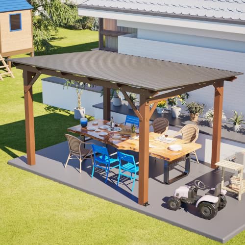 Roomfitters 13x10 FT Wooden Garden Gazebo, Spacious Outdoor Patio Shade Structure with Metal Roof for Backyard and Lawn, Brown