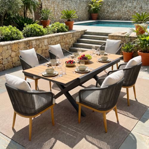 LayinSun Outdoor Patio Dining Set for 7, 60" - 82" Expandable Outdoor Dining Table and 6 Chairs