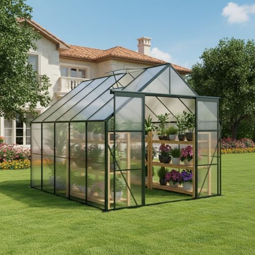 Trygoal 8x10 FT Greenhouse, Walk-in Polycarbonate Greenhouses with Double Sliding Doors, Aluminum Frame, Adjustable Roof Vent, Raised Base & Anchor, Outdoor Backyard Greenhouse for All Seasons, Green