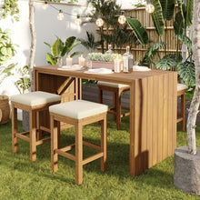 YOPTO 5 Piece Outdoor Bar Set, Patio Acacia Wood Bar Height Table & Four Stools with Cushions, Wood Dining Bar Set for Backyard, Poolside, Balcony, Beige