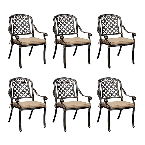 Sumshadow 6-PCS Cast Aluminum Patio Dining Chairs, All Weather Patio Bistro Dining Chairs Set of 6 with Armrests & Cushions, Stackable Patio Dining Chairs for Garden, Balcony, Deck, Bronze
