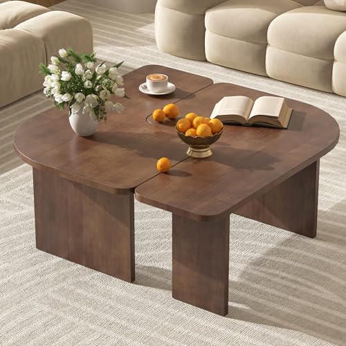 Beskadi Solid Wood Coffee Table L-Shaped, Mid Century Modern Nesting Center Table Set of 2 for Living Room, Solid Wood Coffee Table with Free Adjustable Shape, Minimalist Tea Table, Walnut Wood Color.