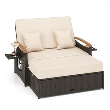 Caforkp Beige Contemporary 3-in-1 Outdoor Daybed Set Adjustable Backrest Storage Ottoman PE Rattan Metal Frame for Patio Garden