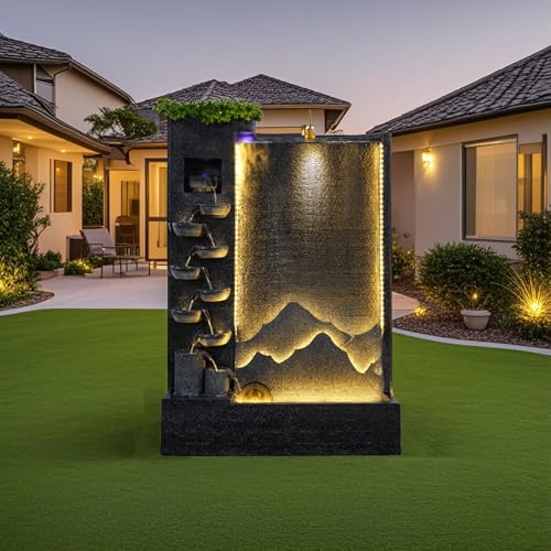 Outdoor Water Fountain with LED Light – Mountain View Decorative Water Feature for Garden, Patio, Yard, Balcony,Shop,Salon, Spa Decoration – Multi-Size Options Available (2526+2527)(2668)