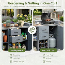 Merax 60.2''W Outdoor Kitchen Island with Wheels, Rolling Patio BBQ Kitchen Cart with Stainless Steel Top, Wood Grill Cart with Spice Rack&Wine Rack,2 Drawers,Gray