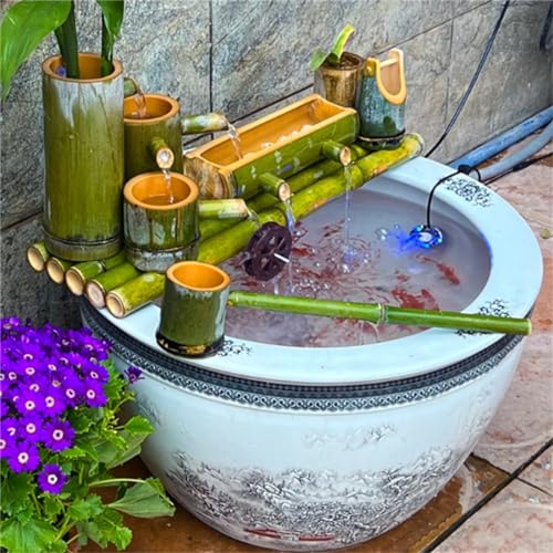GenSDH Solar-Powered Bamboo Fountain,Feng Shui Bamboo Fountain Kit Japanese-Style Bamboo Flowing Water Ornaments with 5W Water Pump/Hose, for Outdoor Indoor Garden Patio