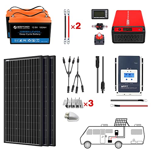 ACOPOWER 200Ah Battery 600W Solar Power System: 2PCS 100Ah Lithium Batteries+1500W Inverter+3PCS 200W Mono Solar Panels+50A MPPT Controller, for RV Boat 12V Off Grid Complete Solar Kit