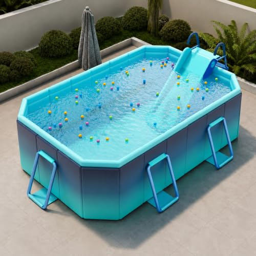 Large Above Ground Pool, Rectangular Swimming Pool with Slide for Family