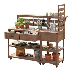 Roomfitters Garden Potting Bench with Wheels, Extra Wide Outdoor Potting Table and BBQ Prep Station, Storage Shelves, Brown