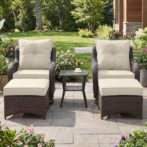 ADRERIC 5-Piece Patio Furniture Set with 6" Ultra-Thick Cushions, Swivel Rocker Chairs with Side Table and Ottoman, All-Weather Round Wicker Conversation Set & Bistro Set for Porch Sunroom Deck, Beige