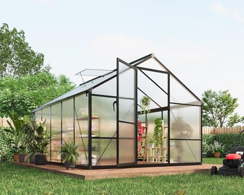 8x10 FT Greenhouse for Outdoors, Polycarbonate Flower Greenhouse with Roof Vent, Push-Pull Lockable Door, Aluminum Walk-in Greenhouses for Outside Garden Backyard, Patio, Lawn, Black