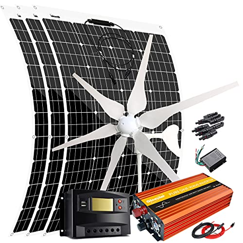 760W Wind Solar Power Complete Kit with 1000W Inverter: 400W Wind Turbine Generator + 3pcs 120W Flexible Solar Panels + Controller + Cable & Connector, 12V Battery Charging