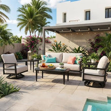 Hassyee Outdoor Conversation Set with Fully Weld Swivel Club Chairs and Marble-Inspired Sintered Stone Table for Poolside, Patio Furniture Set with Aluminum Frame for Lawn (6 PCS Set)