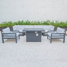 Leisuremod Chelsea 7-Piece Black Aluminum Frame Patio Armchair Sectional Conversation Set and Fire Pit Table with Cushions - Light Grey