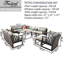 Festival Depot 15Pc Outdoor Patio Conversation Set with Sectional Corner Sofa, Wicker Ottoman, Metal Frame, and Grey Cushions