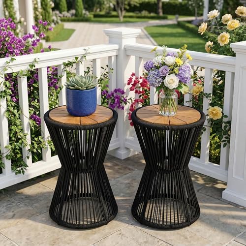 Merax 2 Pieces Round Outdoor Side Table Set, Bohemian Patio Side Tables with Acacia Wood Top and Black Handwoven Rope Base for Garden, Pool, Yard, Elegant Hourglass Design, No Assembly, 25.8" Height