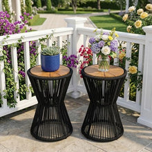 Merax 2 Pieces Round Outdoor Side Table Set, Bohemian Patio Side Tables with Acacia Wood Top and Black Handwoven Rope Base for Garden, Pool, Yard, Elegant Hourglass Design, No Assembly, 25.8" Height