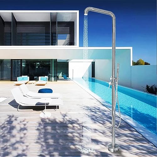 CFDZCP Outdoor Shower kit 220cm Tall Outside Shower Kit with Overhead Shower Head and Handheld, Freestanding Garden Shower Fixtures for Backyard, Poolside, Patio, Beach Spa, Silver