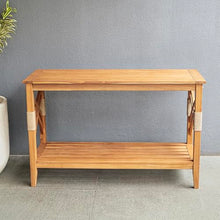 Cambridge Casual Sierra Teak Wood Outdoor Console Table with Accent Wicker, Natural Teak, Narrow Garden Table with Bottom Shelf for Patio, Deck, Entry Way or Poolside – Weather-Resistant