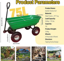 Garden Dump Cart 75l 350kg Heavy Duty Garden Cart Wagon, 4 Wheel Wheelbarrow with Pneumatic Tires, Utility Yard Dump Wagon for Lawn Garden Farm Use