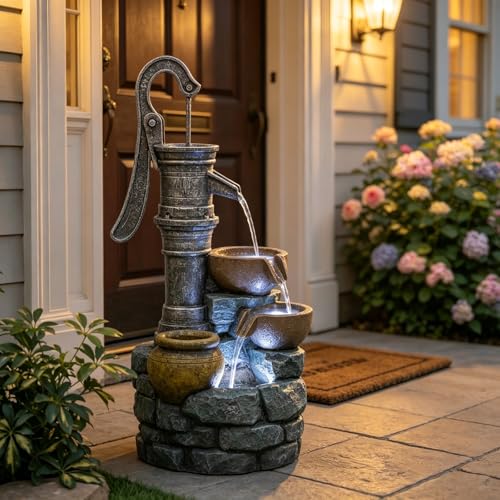 32" H Vintage Hand Pump Outdoor Water Fountain for Patio Garden Yard Decor, Weather Resistant Freestanding Water Feature