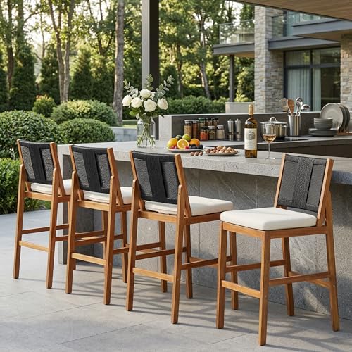 Christopher Knight Home Sarly Outdoor Bar Stools Set of 4, Acacia Wood Frame Bar Stool with Cushion, Patio Outdoor Chairs Set, Island Stools with Woven Wicker Back for Balcony Garden, Green+Cream+Teak