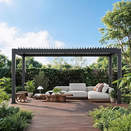 12x16 FT Modern Outdoor Louvered Pergola, Adjustable Slatted Roof