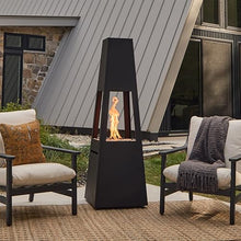 Real Flame Ferro 70" Chiminea Outdoor Propane Fire Pit with Hidden Propane Tank Storage, 50,000 BTU Gas Fireplace, Firepit with Storage Cover.