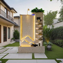 Luxury Elegant Cement Water Wall Tiered Fountain with Lights – 8.2ft Outdoor/Indoor Modern Landscape Feature,Europe Mountain Design, Housewarming,Shop Opening Gift(Left)(#B)