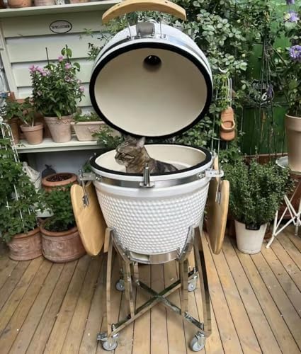JOSOGO 21 Inch Ceramic Charcoal Smoker BBQ Grill, Outdoor Round Ceramic Grill for Backyard Patio Home Party Cooking(White)