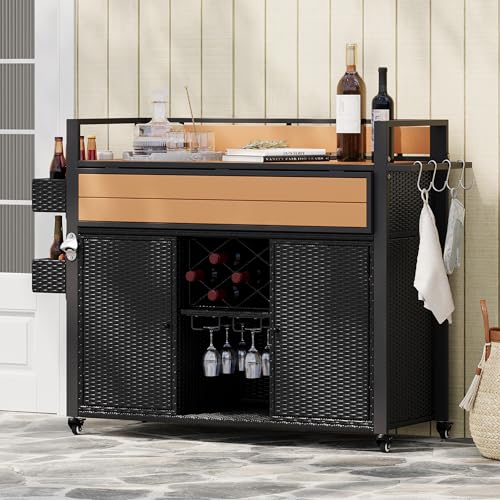 Merax Outdoor Bar Table & Storage Cabinet, Wheels and Drop Leaf Table Top, Patio Bar Table with Raised Shelf for Patio Kitchen or Bar Cart, Black Brown