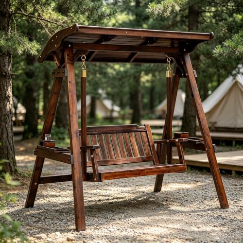 Heavy Duty Wooden Porch Swing, 770 LBS Outdoor Swing Bench with Canopy