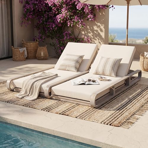 Merax Double Chaise Lounge Chair Outdoor with 4-Position Adjustable Backrest for Each Seat & 2-Fold Cushions, Acacia Wood Pool Sun Lounger for Patio Garden Beach, All-Weather, Cream+Light White