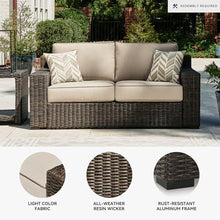 Signature Design by Ashley Coastline Bay Outdoor Loveseat, Rust-Free Aluminum Frame with Nuvella Cushions and Handwoven All-Weather Resin Wicker, Deep Seating 2 Person Patio Sofa, Brown and Beige