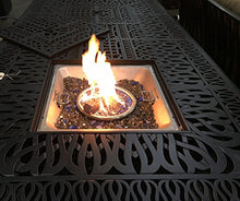 theWorldofpatio Grand Tuscany 9pc Dining Set with Propane Fire Pit and Sunbrella Cushions Antique Bronze