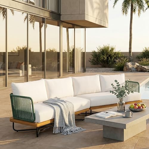 Christopher Knight Home Tracy 4 Seater Outdoor Sofa Set with Cushions, Acacia Wood Patio Lounge Sofa with Woven Rope Back, Spacious Seating Couch for Backyard Garden Porch, Beige+Green+Teak
